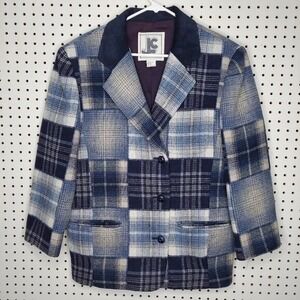 JLC Patchwork Plaid Jacket Large Women Blue Wool Blend 3-Button Pocket Old Money